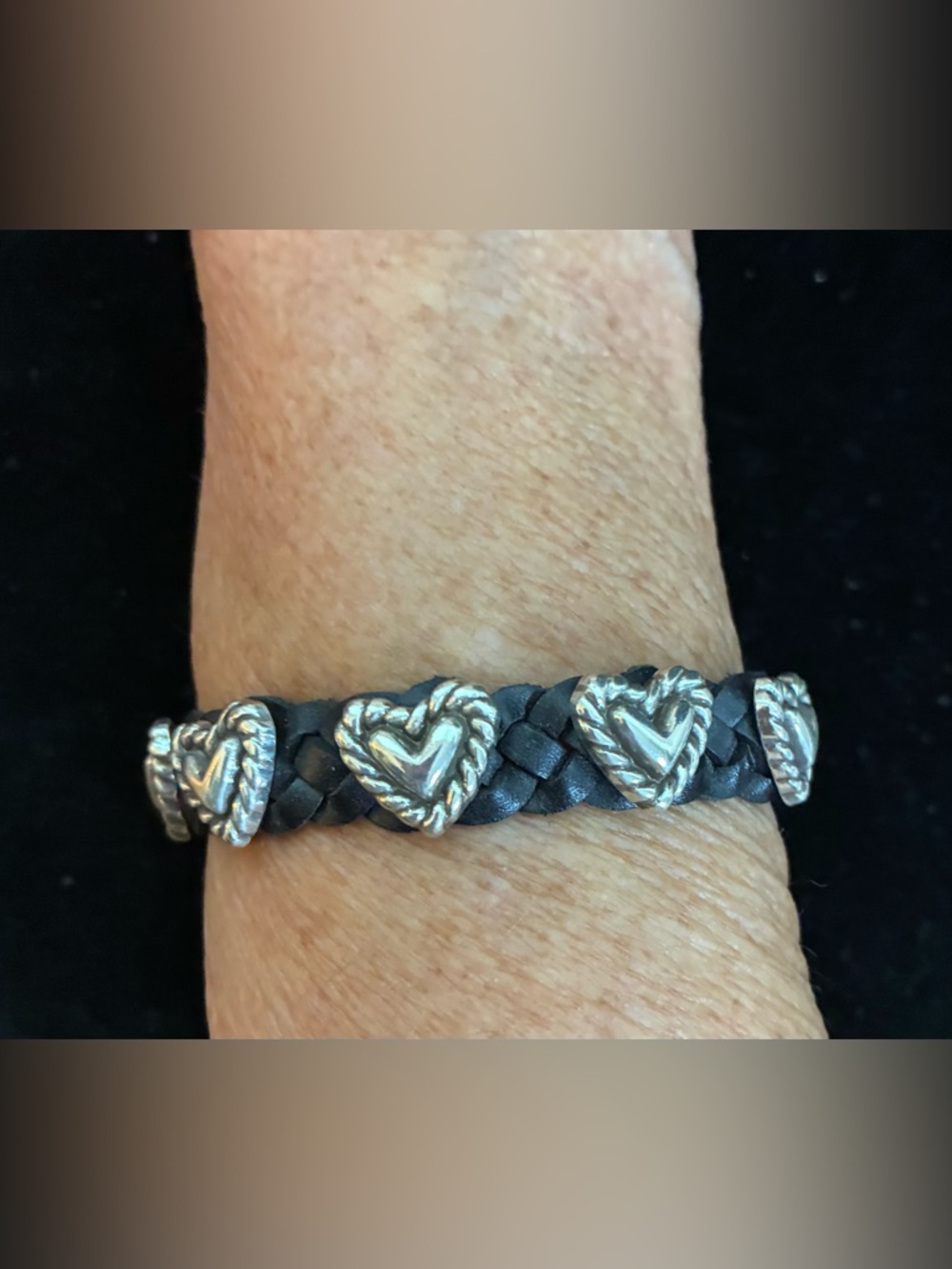 Brighton BANDITS Roped Heart Braided
Bracelet Black Leather Silver tone adjust